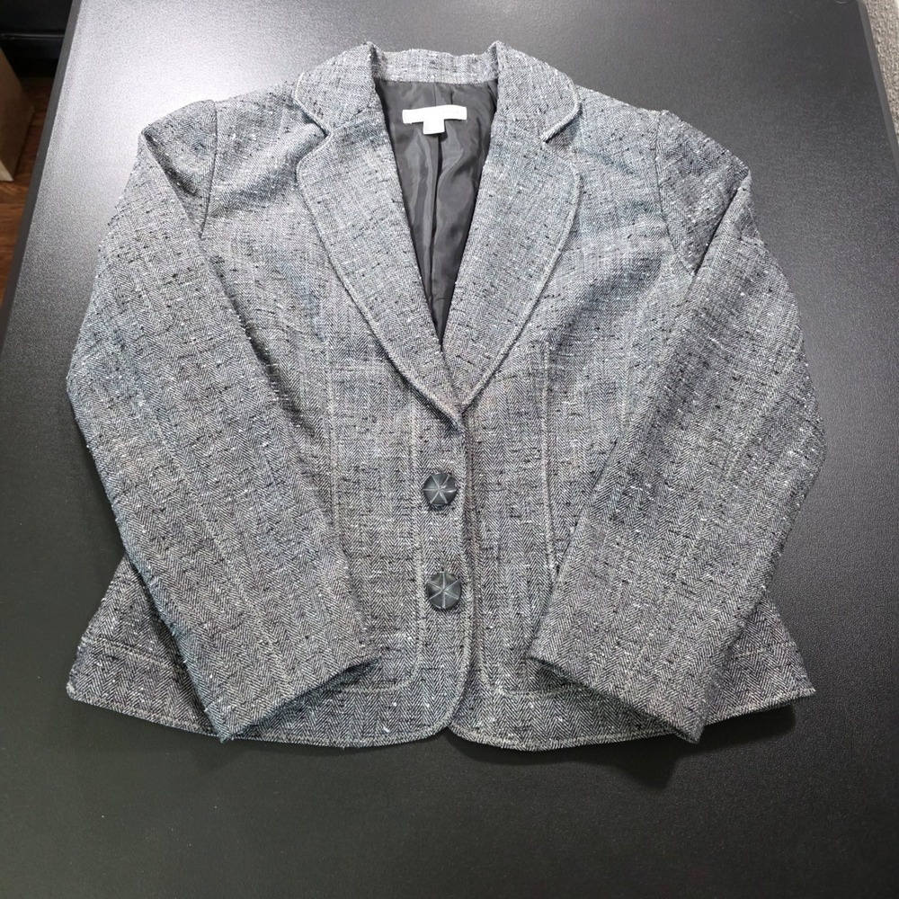 Coldwater Creek Grey Herringbone Tweed Blazer Jacket Petite 6 Two-Button Lined
